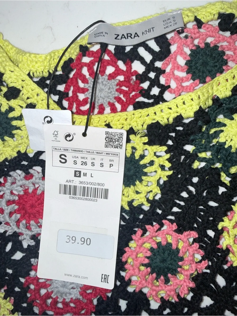 Zara Crochet Floral Panel Top — Black with Pink, Yellow & Gray